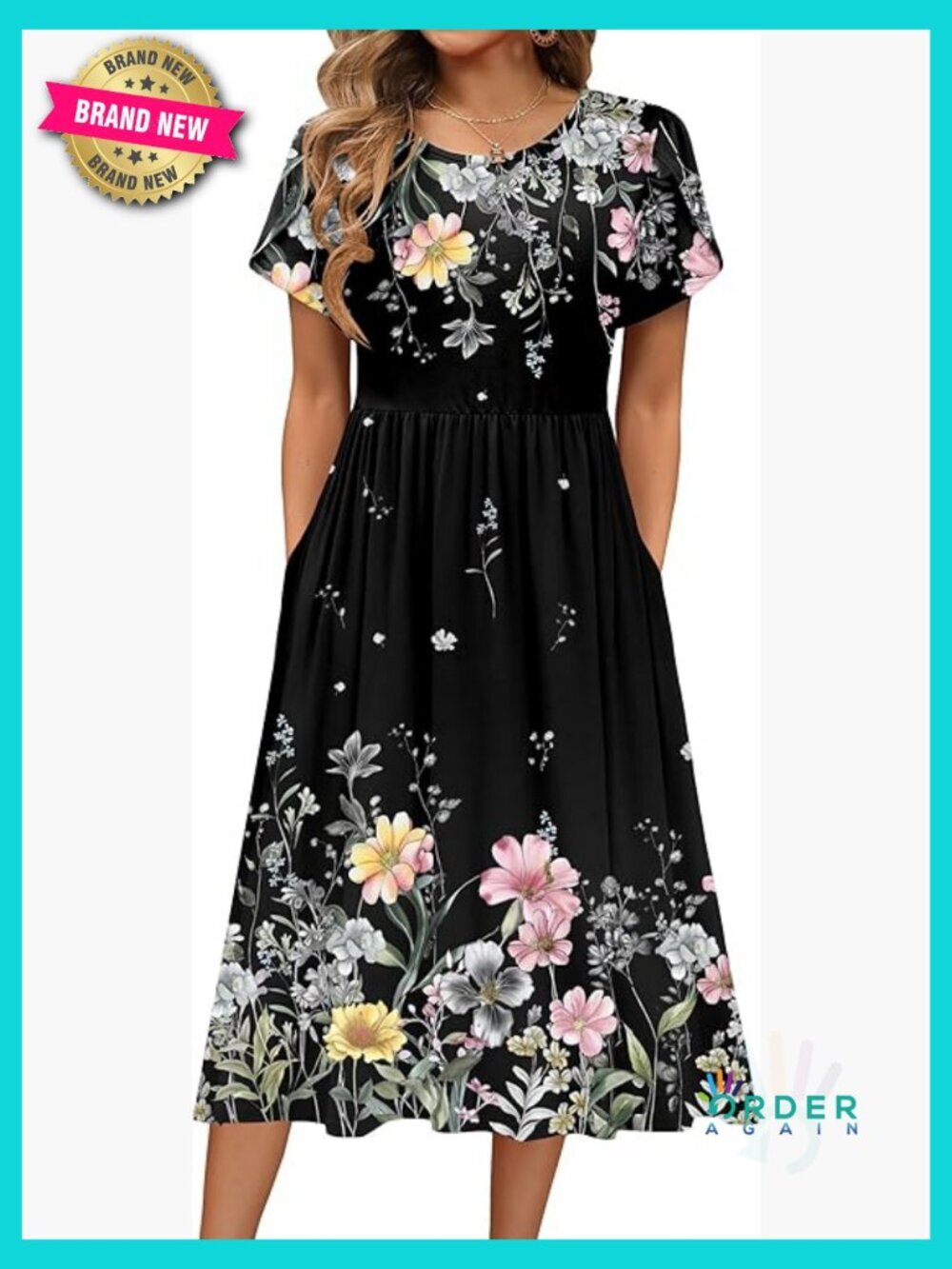 Floral Midi Dress Casual Short Sleeve A-Line Flowy Beach Sundress with Pockets